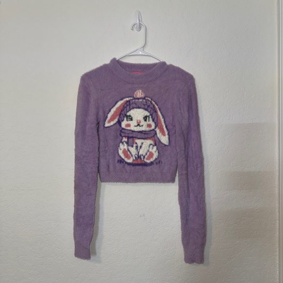 Sugar Thrillz Sweaters - NWT SUGAR THRILLZ X DOLLSKILL Purple Cropped Sweater with Bunny Design